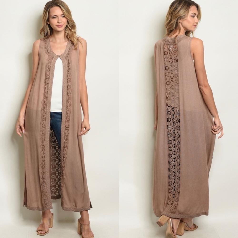 Long Brown Sleeveless Cardigan with Lace Detail - Picture 1 of 8